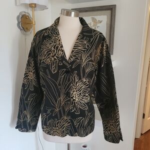 Chicos Black Gold Floral Print Blazer Jacket Size 3